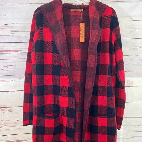 Belldini Sweaters - Belldini Red & Black Plaid Hooded Long Sleeve Open Duster NWT Women s Size Large